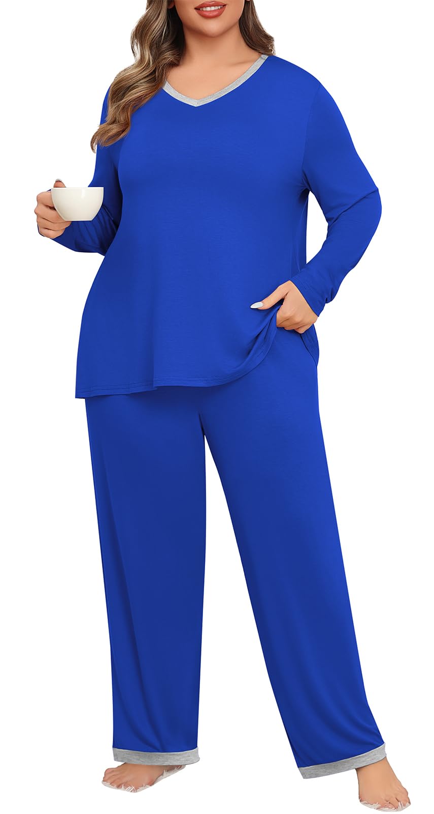 POSESHE - Conjunto de pijama de talla grande para mujer, suave, pantalones largos, ropa de dormir de verano, ropa de dormir, Azul real, 3X-Large Plus