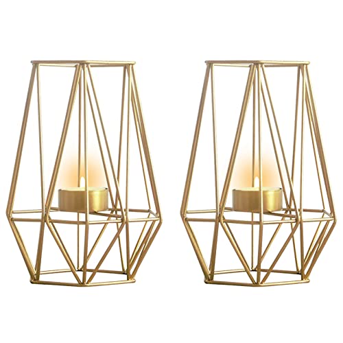 2 Pcs Metal Hexagon Shaped Geometric Design Tea Light Votive Candle Holders, Iron Hollow Tealight Candle Holders for Vintage Wedding Home Decoration, Gold (L + L)