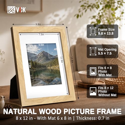 Image of VCK 8x12 Picture Frame 5 Pack, Natural Exclusive Wood, HD Glass, for Photo