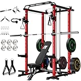 RitFit Squat Rack Power Cage Home Gym Package, Includes 1200LBS Power Rack with Cable Crossover System, Weight Bench, Weight Plate Set with Olympic Barbell (Package 1.9K (Bumper Plate 340LBS))-Orange