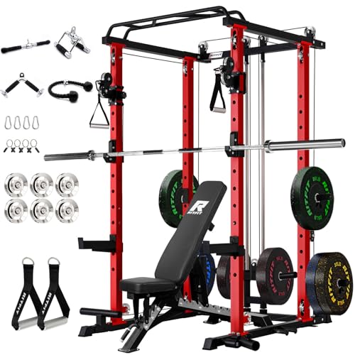 RitFit Squat Rack Power Cage Home Gym Package, Includes 1200LBS Power Rack with Cable Crossover System, Weight Bench, Weight Plate Set with Olympic Barbell (Package 1.9K (Bumper Plate 340LBS))-Orange