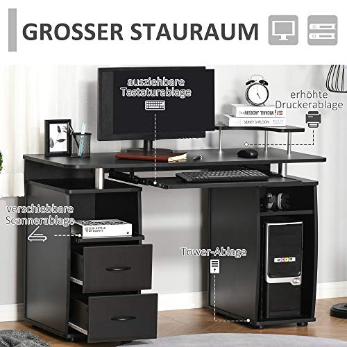 HOMCOM Computertisch Schreibtisch Bürotisch Home Office reichlich Stauraum 2 Schubladen Druckregal Schwarz 120 x 55 x 85… – Bild 4