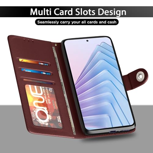 Image of Pikkme Flip Cover Leather Finish | Inside TPU with Card Pockets | Wallet Stand and Shock Proof | Complete Protection Button Flip Case for Redmi Note 14 5G (Brown)