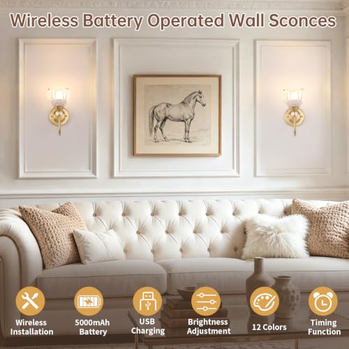 Image of Set of 2 Vintage Battery Operated Wall Sconce, Rechargeable Wall Lamp with 5000mAh Battery & Remote Control, Dimmable Wall Lights with tulip shade for Bedroom Living Room(Tulip Transparent Up)