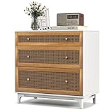 Giantex 3-Drawer Dresser Chest for Bedroom - Storage Chest of Drawers with Anti-toppling Device, Wide Storage Dresser Bedside Table for Living Room, Hallway, Rattan Drawer Chest,Floor Storage Cabinet