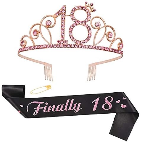 ruggito 18th Birthday Costume Set For Women,Include 18th Black Satin Sash,Birthday Crown Tiara and Round Brooch Clip Pin for 18th Birthday Party Decorations Cover