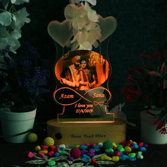 Image of Personalized 3D Illusion LED Night Lamp with Custom Heart-Shaped Photo and Engraving for Couple Gift Anniversary, Wedding, Marriage, Valentine Day Girlfriend Boyfriend- Multicolor
