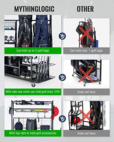 Mythinglogic Golf Club Storage Rack - 2 Golf Bags Stand And Golfing Equipment Accessories Storage Organizer With 4 Removable Hooks, Metal Black Golf Rack For Garage #TOP5