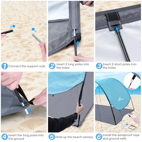 Sportneer Beach Tent Sun Shelter: UPF 50+ UV Protection Beach Canopy Tent Sun Shade for 2-3 Person, Easy Set Up Canopy with 8 Wind Ropes and 12 Ground Stakes, Size 96.5''x55.7'' - Image 5