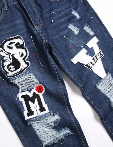 Men's Letter Embroidery Ripped Straight Slim Moto Biker Casual Straight Denim Jean4