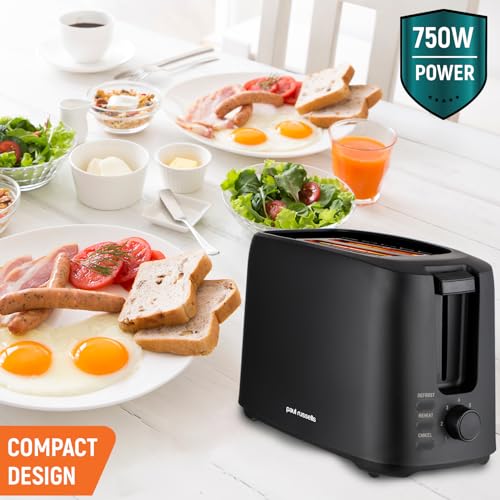 Paul Russells 750W Black 2-Slice Kitchen Toaster, 7 Stage Browning Controls, Defrost, Reheat, LED Indicator, Cord Storage, Removable Crumb Tray Paul Russells 750W Black 2-Slice Kitchen Toaster, 7 Stage Browning Controls, Defrost, Reheat, LED Indicator, Cord Storage, Removable Crumb Tray