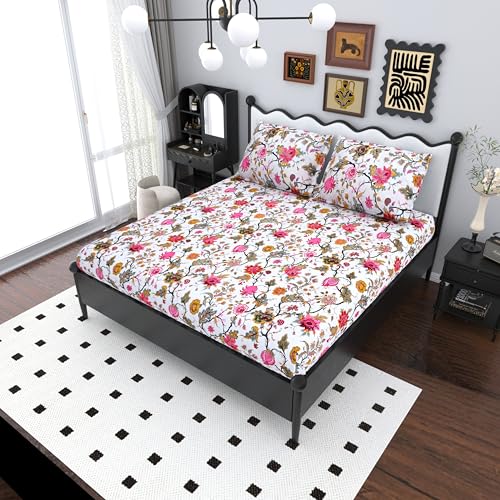 Image of Mafatlal Saanjh 144 TC Cotton King Size Bed Sheet 108x108 Inch | Luxury Floral Printed Bedsheet | Soft Durable Cotton Fabric | 2 Pillow Covers Included | Fuchsia Pink