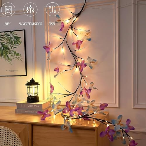 Image of P SEVEN Cherry Blossom LED String Lights, Pink Flower Vine Wall Decor with Remote Control, USB Powered, DIY Indoor Decoration (Butterfly Willow Vine Lights)