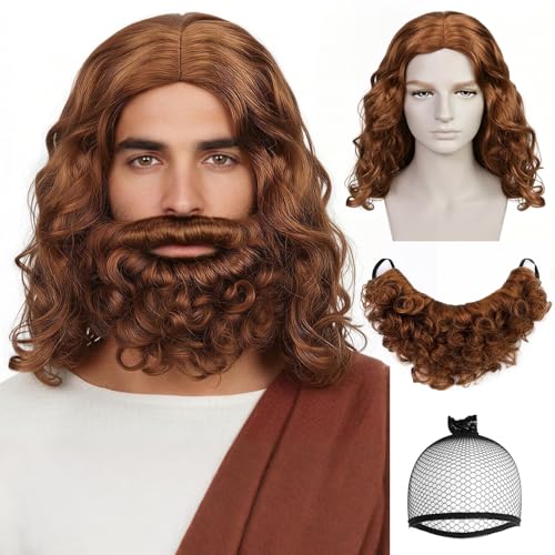 ESUNO Dark Brown Wig and Beard Set Long Curly Hair and Fluffy Biblical Wig