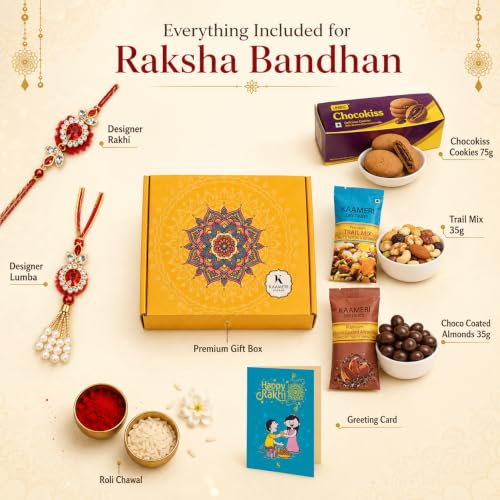 Image of Kaameri Bazaar Rakhi for Brother and Lumba for Bhabhi Hamper Gift Set with Chocokiss Cookies 75g, Trail Mix 35g, Choco Coated Almonds 35g, Roli Chawal, Greeting Card & Premium Gift Box for Raksha Bandhan