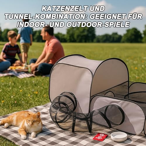 Faltbarer Katzenlaufstall mit Tunnel - Tragbares katzenzelt, katzenzelt und Katzen gehege Outdoor, katzengehege Indoor, Multifunktionaler Outdoor-Laufstall mit atmungsaktivem Netz (100 * 50 * 70 cm)