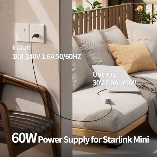 Image of Starlink Mini Power Supply, 60W Starlink Mini Power Adapter AC Charger Wall Plug Steady 30V /2A with 1.8M Extension Cable Compatible with 150FT DC Power Cable