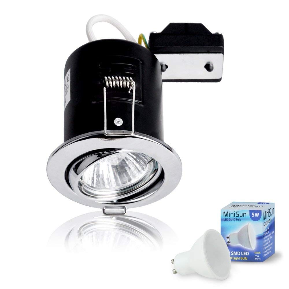MiniSun | Fire Rated Polished Chrome Tiltable GU10 Recessed Ceiling Downlight | Ceiling Spots, Home Décor & Improvement Essential | Includes 5W LED Bulb [6500K Cool White] | Mains Wired