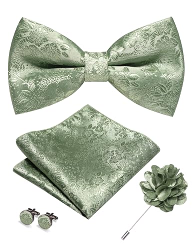 JEMYGINS Floral Pre-tied Sage Green Bow Tie and Pocket Square Cufflinks Lapel Pin Sets for Men(52)