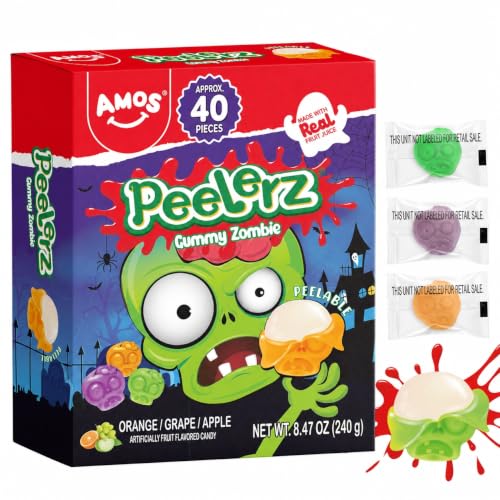 AMOS Peelerz Zombie Gummies, Approx 40 Pieces Peelable Halloween Candy, Peelable zombie-shaped gummies in orange, grape, and apple flavors, made with real fruit juice for spooky Halloween fun.