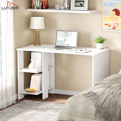 Image of Lukzer Engineered Wood Computer Desk with One Tier Shelves Laptop Study Table for Office Home Workstation Writing Modern Desk (ST-007 / White / 100 x 50 x 77 cm)