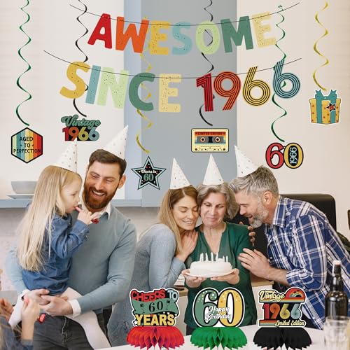 Image of Crenics Vintage 1966 60th Birthday Decorations for Men or Women | Awesome Since 1966 Banner, Honeycomb Centerpieces and Hanging Swirls for 60 years old Party Supplies