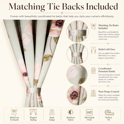 Image of Blackout Printed Window Curtains 5 Feet Long Set of 2 Curtains with Tie Back, Parda Windows, Printed Curtains for Living Room, Bedroom, 80-85% Blackout (5 Feet, Magnolia Mist)