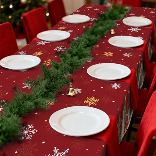 Image of Gistome 3-Piece 54 x 108 Inch Christmas Tree Plastic Tablecloth - Holiday Disposable Red and Green Table Cover for Christmas Dinners, Winter Parties, and Indoor Outdoor Decorations