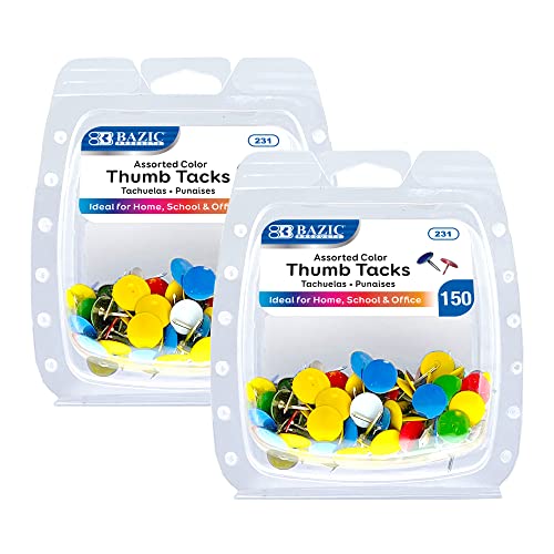BAZIC Products Products Thumbtacks, Assorted Color Flat Head Push Pins – Durable Steel Tacks for Walls and Cork Boards, Poster Pins, and Pushpins for Home, Office & School, 150/Pack, 2 Packs