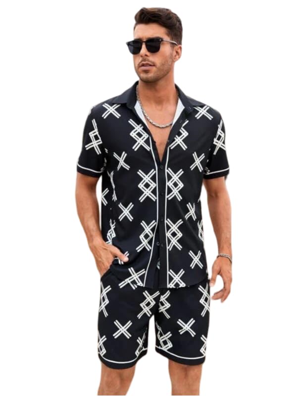 Men's Summer Two-Piece Set, Multicolour Wavy Pattern Short Sleeve Shirt with Matching Shorts-image-44