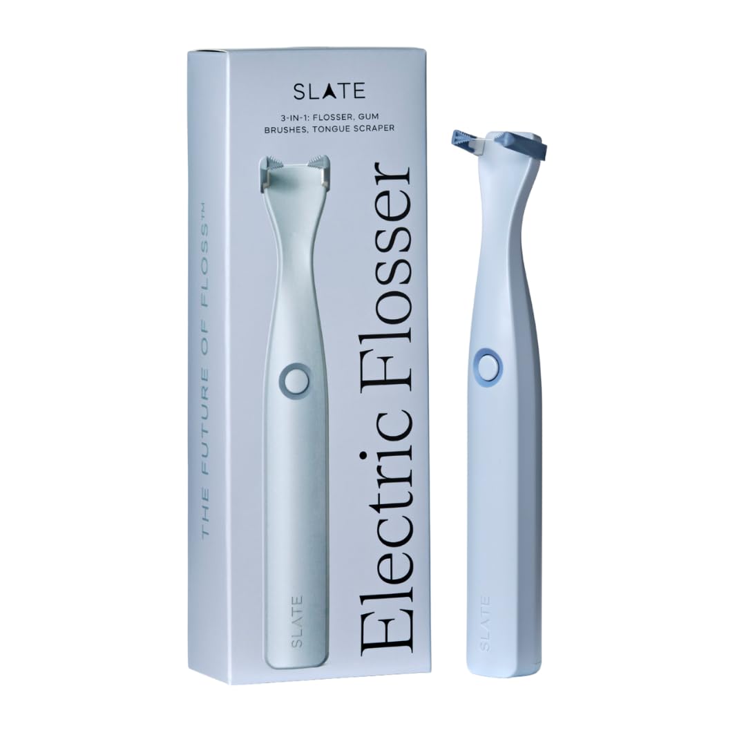 Slate Origin - Flosser elettrico 3 in 1, alimentato a batteria, inventato dal dentista, con testine riutilizzabili, spazzole per gengive e raschietto per lingua, 12.000 vibrazioni soniche, senza PFAS