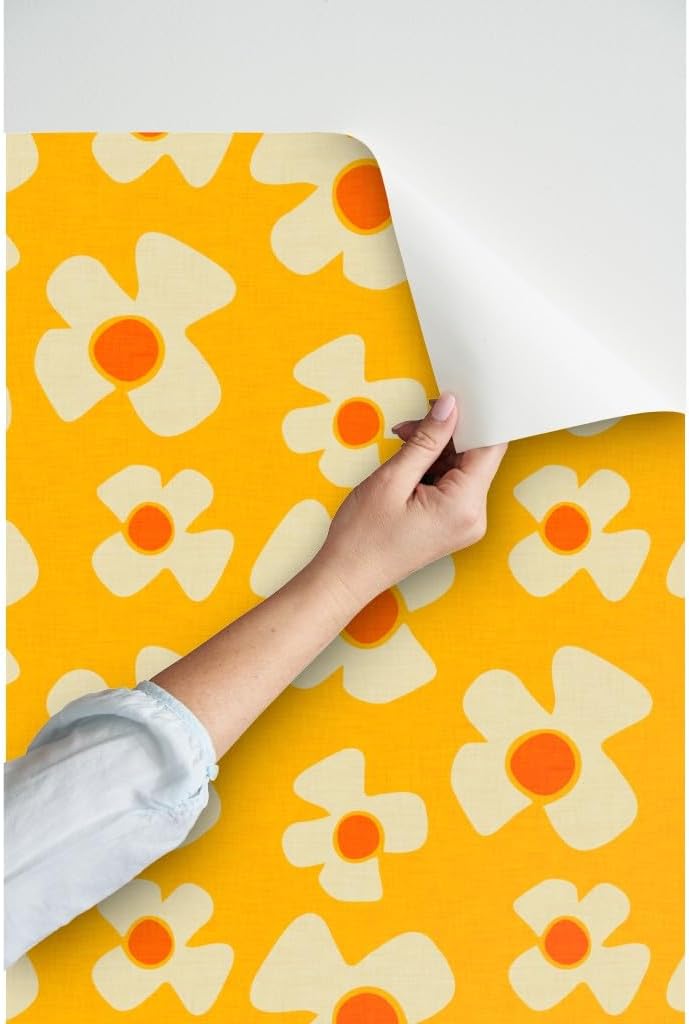 Peel & Stick Wallpaper 3ft x 2ft - Floral Daisy Yellow Flower Retro 70S 60S Mid Century Power Custom Removable Wallpaper by Spoonflower