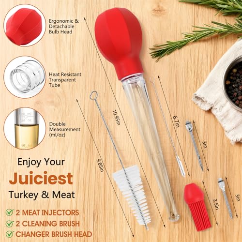 SCHVUBENR Large Turkey Baster for Cooking - 2-in-1 Baster Tool with Basting Brush Head - Baster Syringe for Hot Liquids - Includes 2 Meat Injector Needles - Thanksgiving, Christmas Essentials - Red