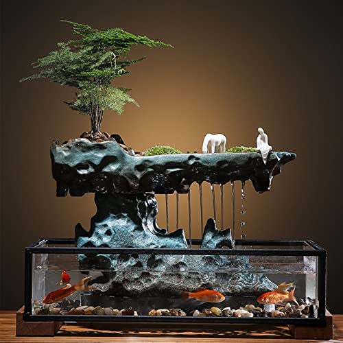 AGULIUM Desktop Waterfall Fountain with Rockery, Clear Fish Tank and Figurines, Indoor Tabletop Fountain with Automatic Pump, Zen Water Fountain for Home Living Room Office Decor