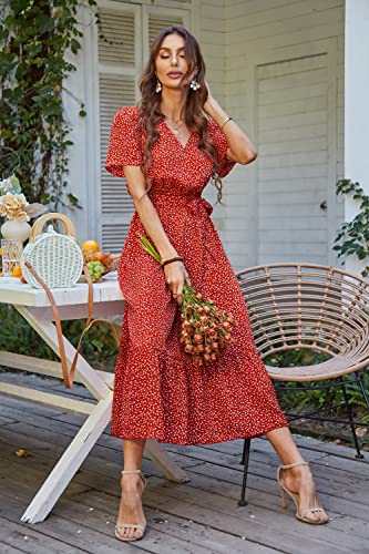PRETTYGARDEN Women's Summer Floral Boho Dress Wrap V Neck Short Sleeve Ruffle A-Line Flowy Maxi Wedding Guest Dresses (Red Floral,Large)