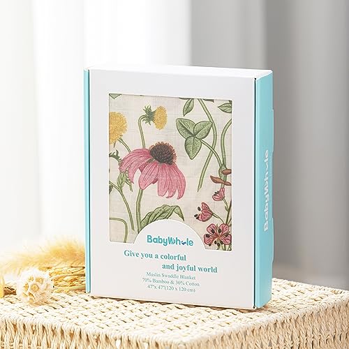 Image of BabyWhale Muslin Swaddle Blanket with Hat and Headband Bow, Floral Pattern Swaddle Set for Baby Boys & Girls, Unisex Newborn Soft Receiving Swaddle Wrap, 47x47 inches