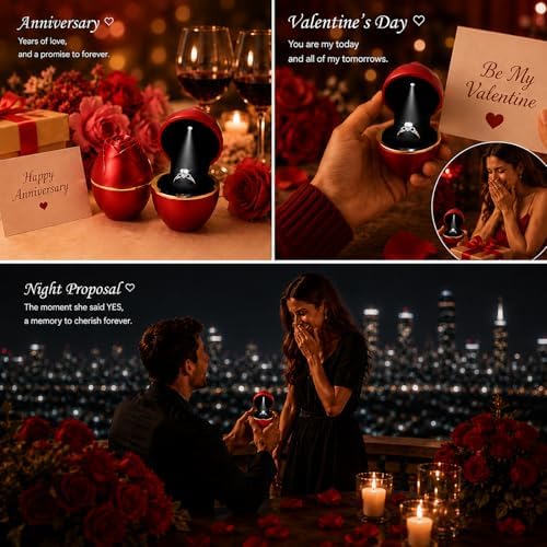 Eveynsh Rose LED Ring Box with Auto Light, Red Ring Case for Proposal - 2
