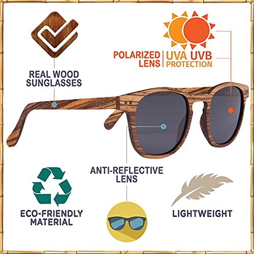 Woodies Polarized Full Zebra Wood Foster Style Sunglasses For Men And Women | Black Polarized Lenses And Real Wooden Frame | 100% Uva/Uvb Ray Protection #TOP5