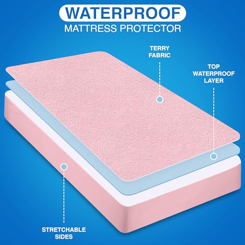 Image of Utopia Bedding Waterproof Mattress Protector, Premium Terry Mattress Cover 200 GSM, Breathable, Fitted Style with Stretchable Pockets (Pink, Crib)