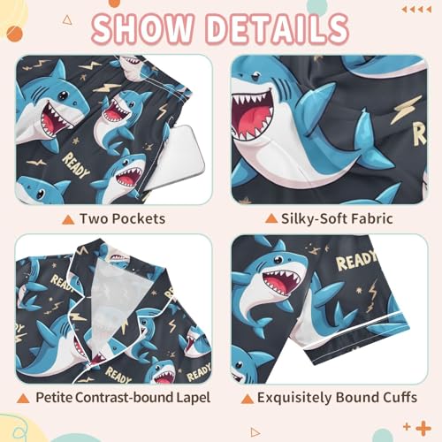 Cartoon Blue Shark Lightning Pajamas Set Soft Satin Pjs Sets 2 Piece Short Sleeve Sleepwear Casual Loungewear3