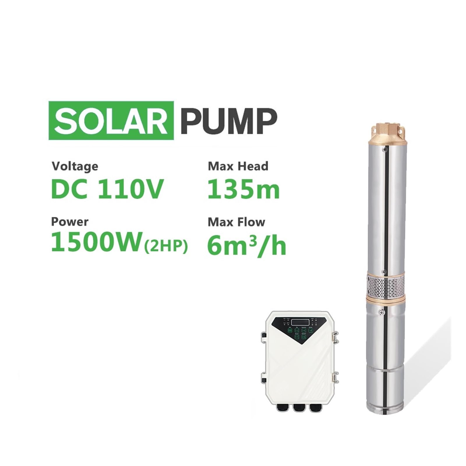HEXEH Bomba de Agua Solar for Pozo Profundo, 4 Pulgadas, CC, Sumergible, 110 V, Salida de Cobre, Controlador MPPT, Impulsor de plástico (Cabeza máxima 135 m, Flujo 6 T/H)