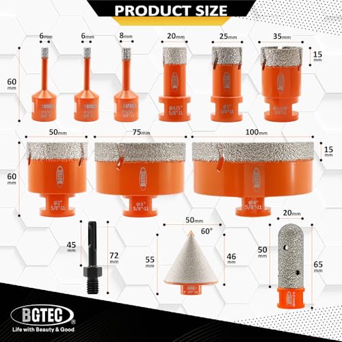 Image of BGTEC Diamond Hole Saw Kit Marsonry Drill Bits,5 /8-11 Thread 12pcs 6 /6 /8 /20 /25 /35 /50 /75 /100mm Drill Bits+20mm Milling Finger Bit+2 inch chamfering Bit+SDS for Granite Marble Porcelain Tile Ceramic