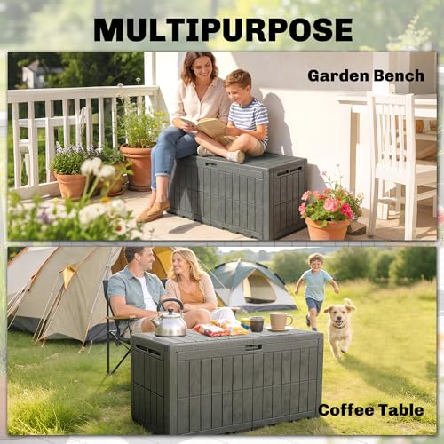Outsunny 440L Garden Storage Box, Waterproof Resin Deck Box With Lockable Lid, Pneumatic Gas Rods, Side Handles, Uv Resistant Wood Texture Outdoor Patio Storage Container For Garden Tools - 9