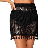 TOEECY Damen Strand Wrap Sarong Elastische Taille Kurz Strandkleider Bikini Cover Up Bikini Rock mit Quasten Mini Strandrock Vertuschung Badeanzug Sexy Strandkleid Frauen Mädchen(Schwarz,XXL)