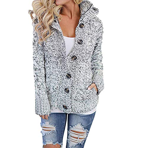 Manteaux Chandails Tricotés Femmes, Toamen Pull cardigans manteaux avec poche Boutons en maille torsadée Encapuchonné Automne Hiver Chandail à capuche à manches longues (M, Gris) Cover