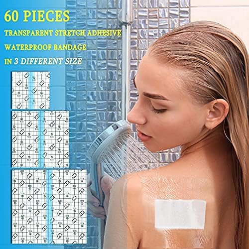 60 Pieces Shower Waterproof Patch Transparent Stretch Adhesive Bandage Waterproof Clear Adhesive Bandages Tattoo Protective Transparent Film Adhesive Bandages for Tattoos, 3 Sizes