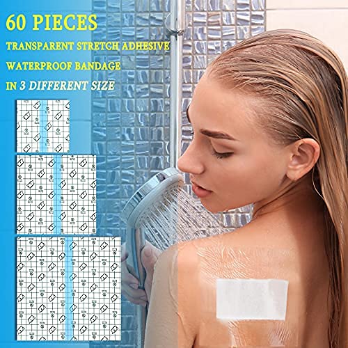 60 Pieces Shower Waterproof Patch Transparent Stretch Adhesive Bandage Waterproof Clear Adhesive Bandages Tattoo Protective Transparent Film Adhesive Bandages For Tattoos, 3 Sizes #TOP3