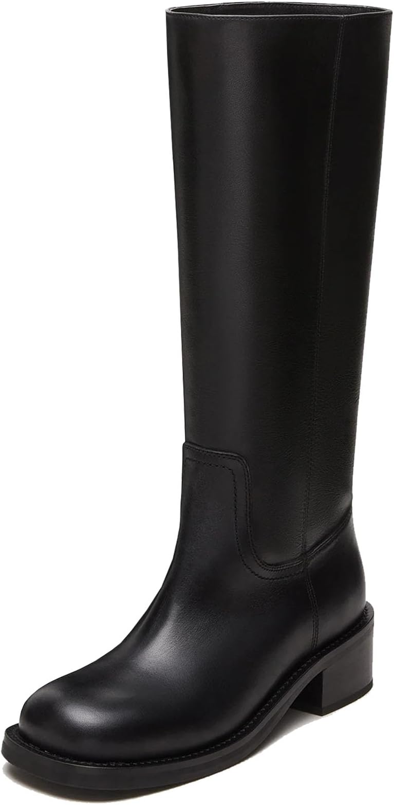 Womens Banana Knee High Boots Square Toe Comfortable Campus Boots Block Heel Riding Boots Wide Calf Long Tall Boots