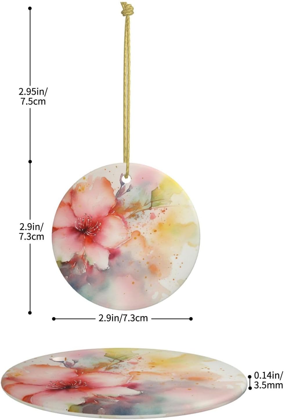 Christmas Ornaments Ceramic Round Christmas Hanging Ornament Double-Sided Flower Watercolor Print Christmas Tree Pendants for Fireplace Party Holiday Wedding Xmas Decoration Gift