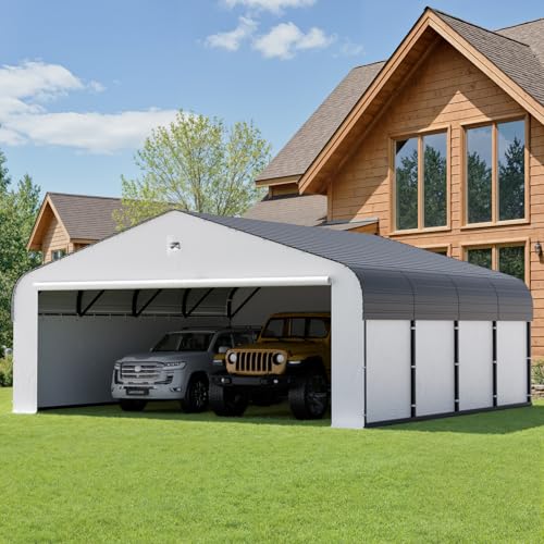 Image of 20x20 Metal Carport, Heavy Duty Car Carport Canopy, Galvanized Steel Roof Car Tent Garage, CarPorts with Removable Sidewalls